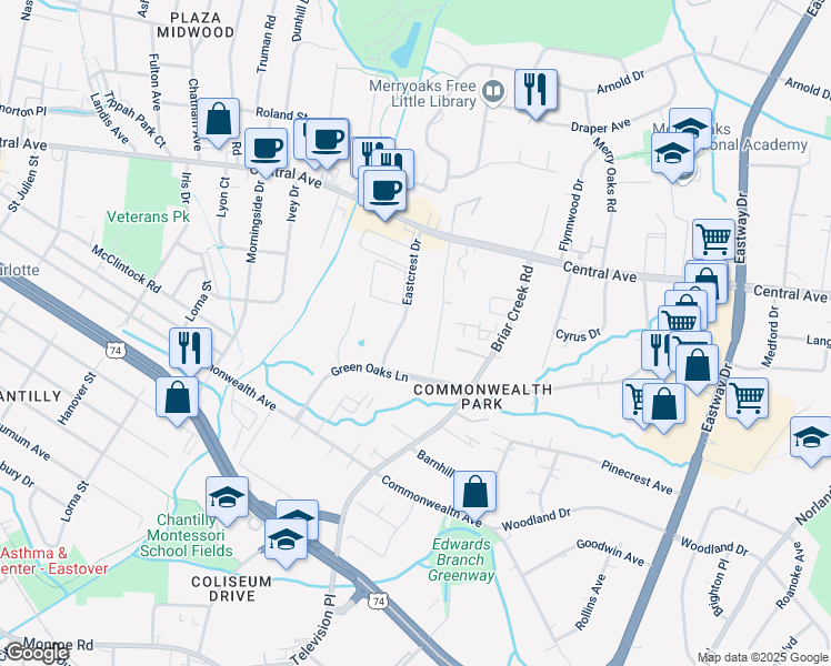map of restaurants, bars, coffee shops, grocery stores, and more near 1500 Eastcrest Drive in Charlotte