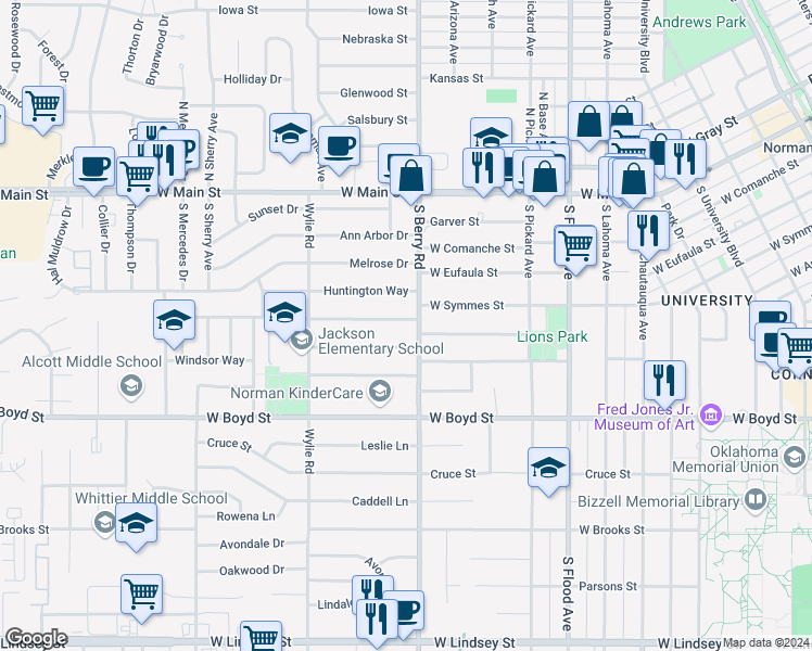 map of restaurants, bars, coffee shops, grocery stores, and more near 1202 Camden Way in Norman