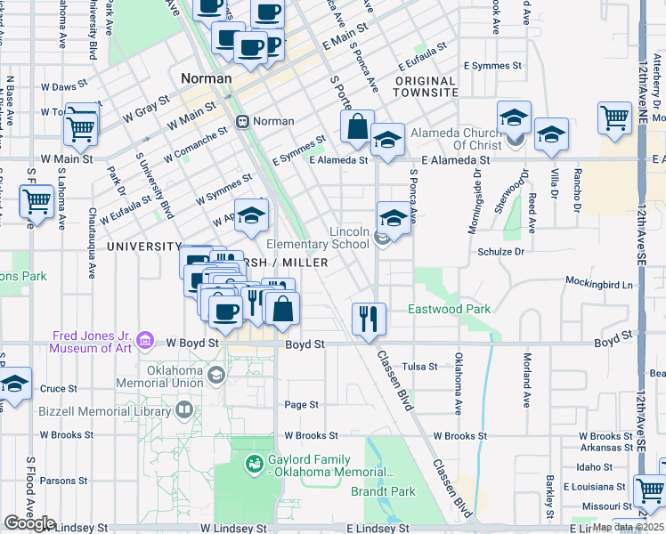 map of restaurants, bars, coffee shops, grocery stores, and more near 217 Ferrill Street in Norman