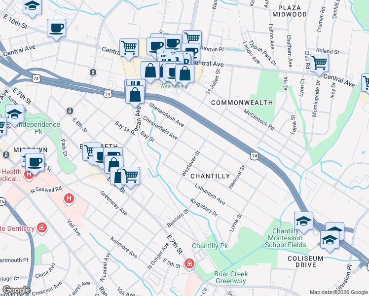 map of restaurants, bars, coffee shops, grocery stores, and more near 2216 Chesterfield Avenue in Charlotte