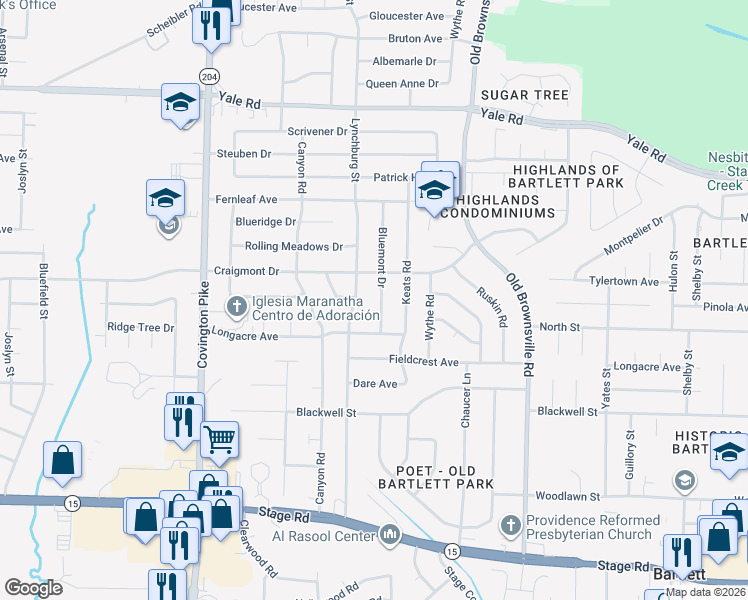 map of restaurants, bars, coffee shops, grocery stores, and more near 3238 Lynchburg Street in Memphis