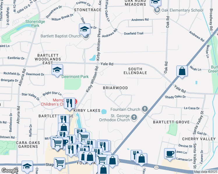 map of restaurants, bars, coffee shops, grocery stores, and more near 6857 Briarfield Lane in Bartlett