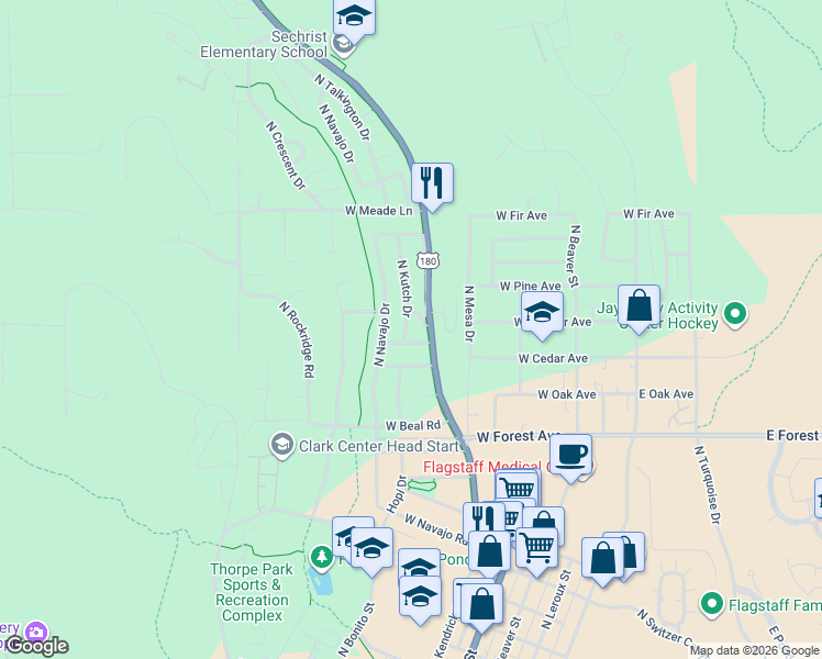 map of restaurants, bars, coffee shops, grocery stores, and more near 1516 North Kutch Drive in Flagstaff