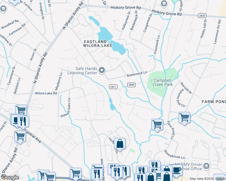 map of restaurants, bars, coffee shops, grocery stores, and more near 6234 Vernedale Road in Charlotte