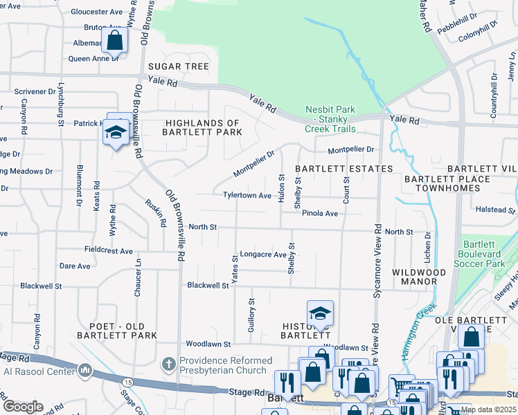map of restaurants, bars, coffee shops, grocery stores, and more near 5626 Ackerman Cove in Bartlett