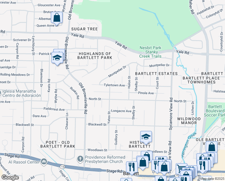 map of restaurants, bars, coffee shops, grocery stores, and more near 5594 Ackerman Cove in Bartlett
