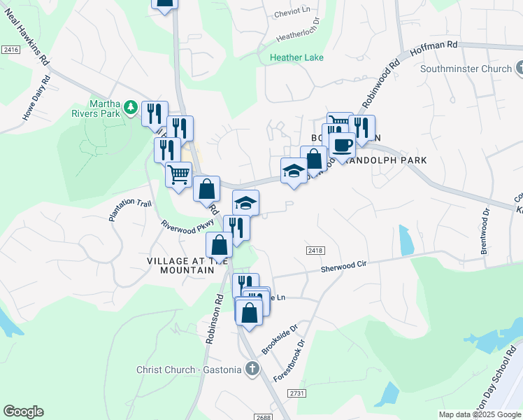 map of restaurants, bars, coffee shops, grocery stores, and more near 813 Jamestown Drive in Gastonia