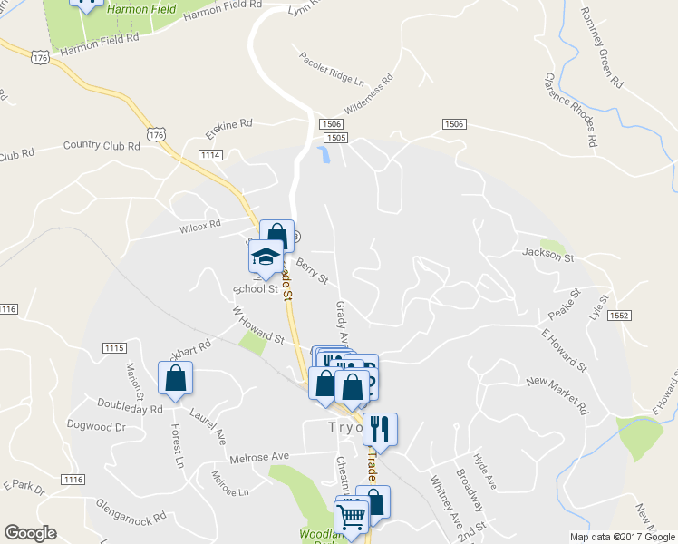 map of restaurants, bars, coffee shops, grocery stores, and more near 255 Grady Avenue in Tryon