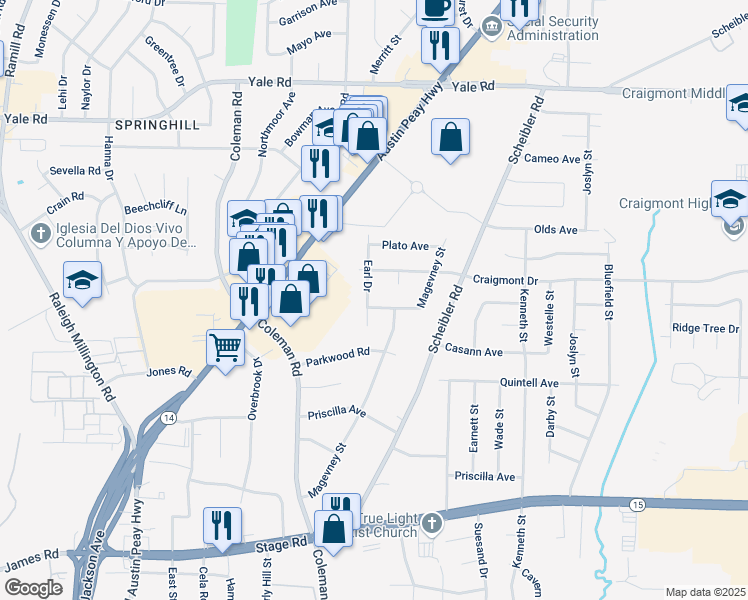 map of restaurants, bars, coffee shops, grocery stores, and more near 3250 Earl Drive in Memphis