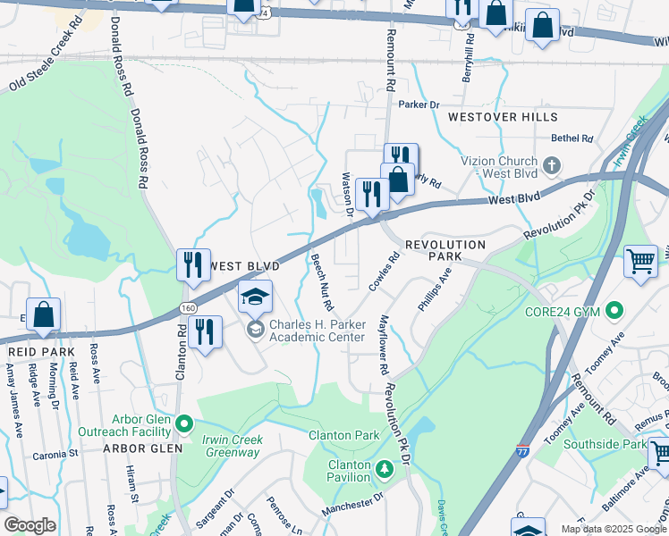 map of restaurants, bars, coffee shops, grocery stores, and more near 1747 West Boulevard in Charlotte