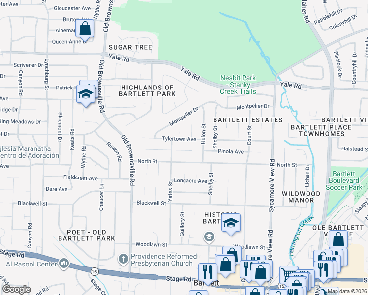 map of restaurants, bars, coffee shops, grocery stores, and more near 5626 Ackerman Cove in Bartlett