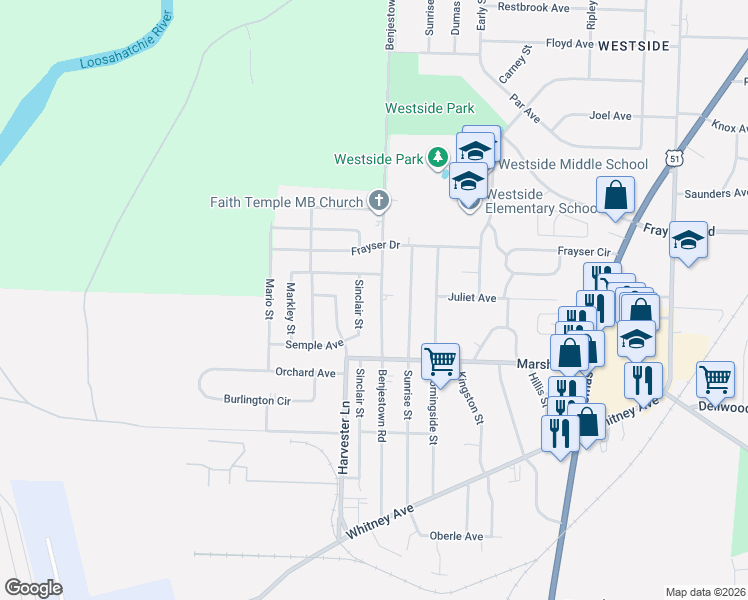 map of restaurants, bars, coffee shops, grocery stores, and more near 3242 Sinclair Street in Memphis