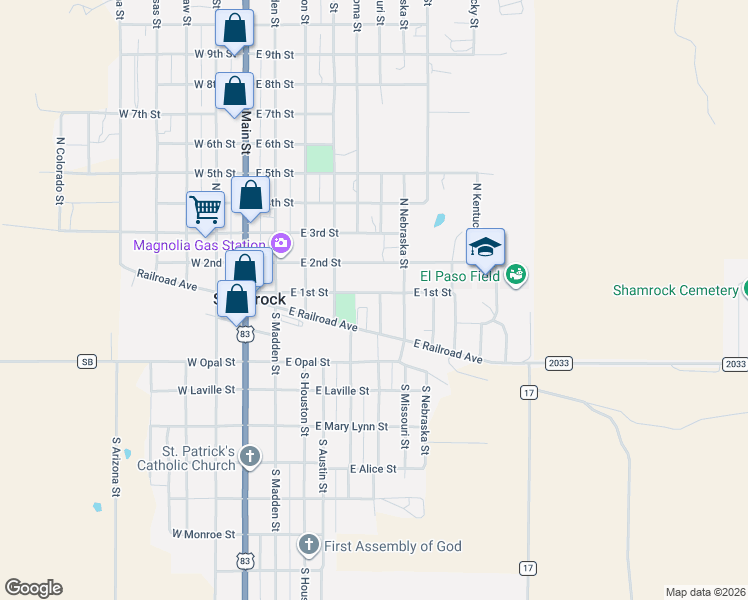 map of restaurants, bars, coffee shops, grocery stores, and more near 508 East 1st Street in Shamrock