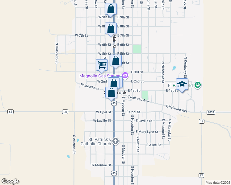 map of restaurants, bars, coffee shops, grocery stores, and more near in Shamrock