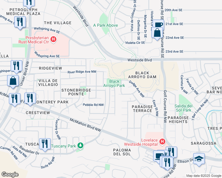 map of restaurants, bars, coffee shops, grocery stores, and more near 5008 Blue Stone Road Northwest in Albuquerque