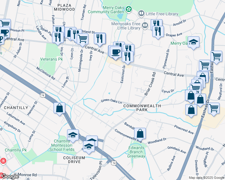 map of restaurants, bars, coffee shops, grocery stores, and more near 1415 Eastcrest Drive in Charlotte