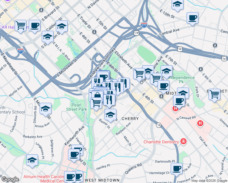 map of restaurants, bars, coffee shops, grocery stores, and more near in Charlotte