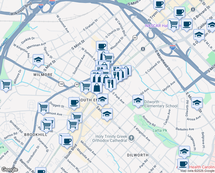 map of restaurants, bars, coffee shops, grocery stores, and more near in Charlotte