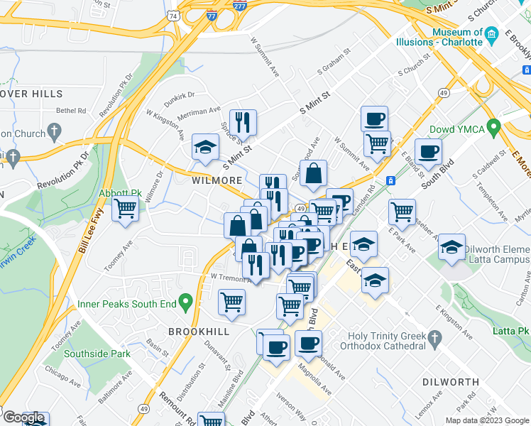map of restaurants, bars, coffee shops, grocery stores, and more near 308 West Worthington Avenue in Charlotte