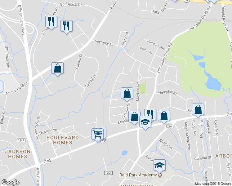 map of restaurants, bars, coffee shops, grocery stores, and more near 3111 Markland Drive in Charlotte