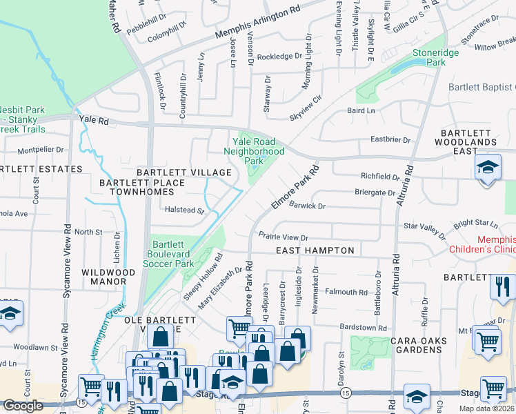 map of restaurants, bars, coffee shops, grocery stores, and more near 3225 Elmore Park Road in Bartlett