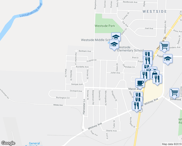 map of restaurants, bars, coffee shops, grocery stores, and more near 3242 Sinclair Street in Memphis
