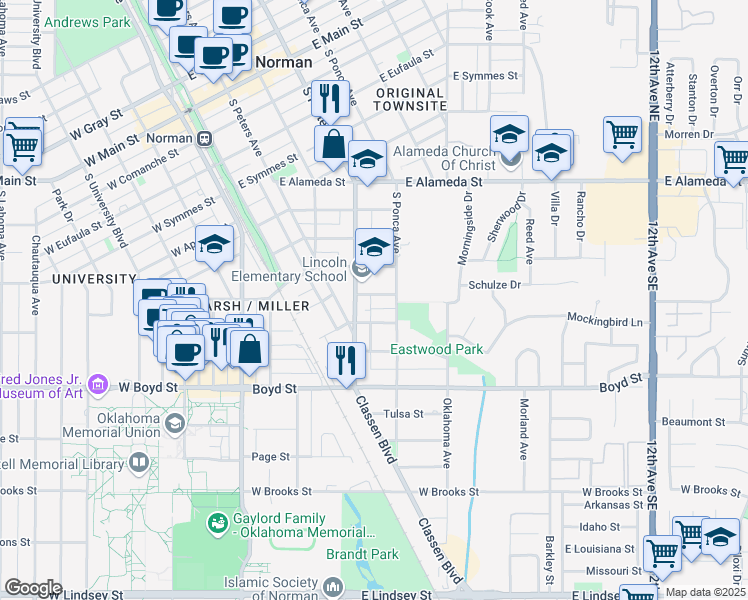 map of restaurants, bars, coffee shops, grocery stores, and more near 418 Ferrill Street in Norman