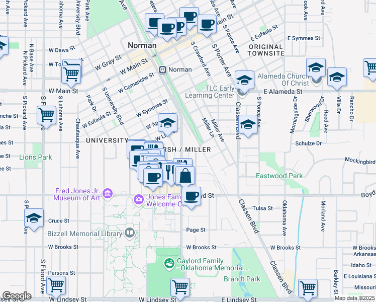 map of restaurants, bars, coffee shops, grocery stores, and more near 704 Monnett Avenue in Norman