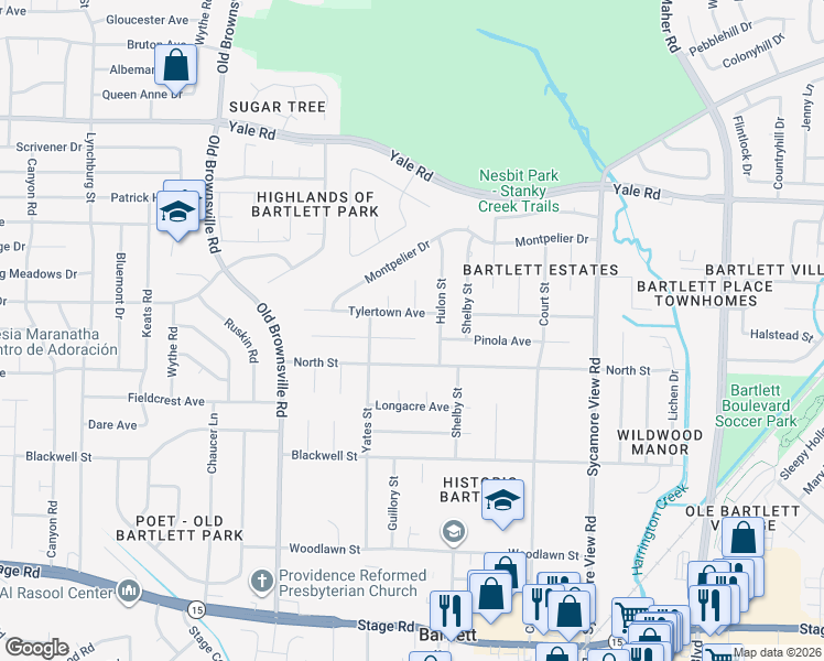 map of restaurants, bars, coffee shops, grocery stores, and more near 5636 Ackerman Cove in Bartlett