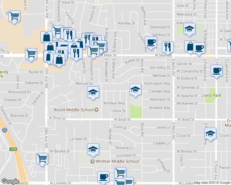 map of restaurants, bars, coffee shops, grocery stores, and more near 1528 Camden Way in Norman