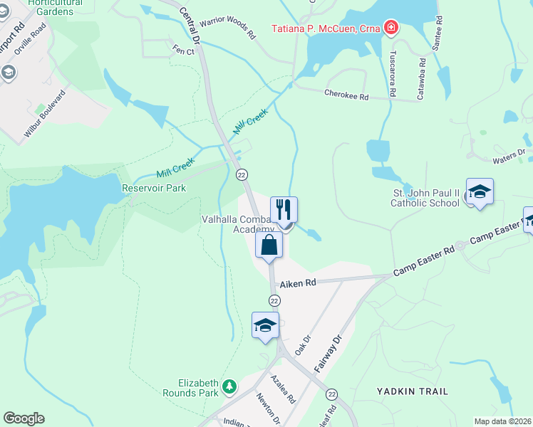 map of restaurants, bars, coffee shops, grocery stores, and more near 1415 Central Drive in Southern Pines