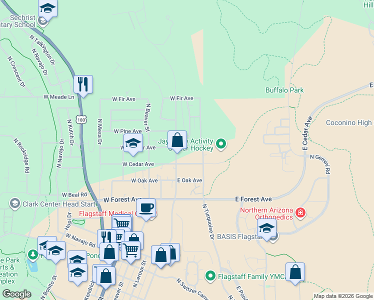 map of restaurants, bars, coffee shops, grocery stores, and more near 1620 North San Francisco Street in Flagstaff