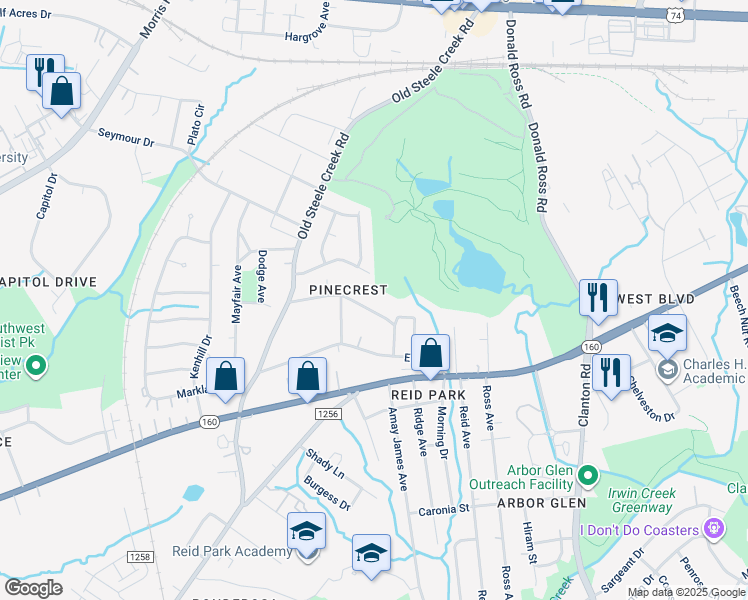 map of restaurants, bars, coffee shops, grocery stores, and more near 2562 Hemphill Street in Charlotte