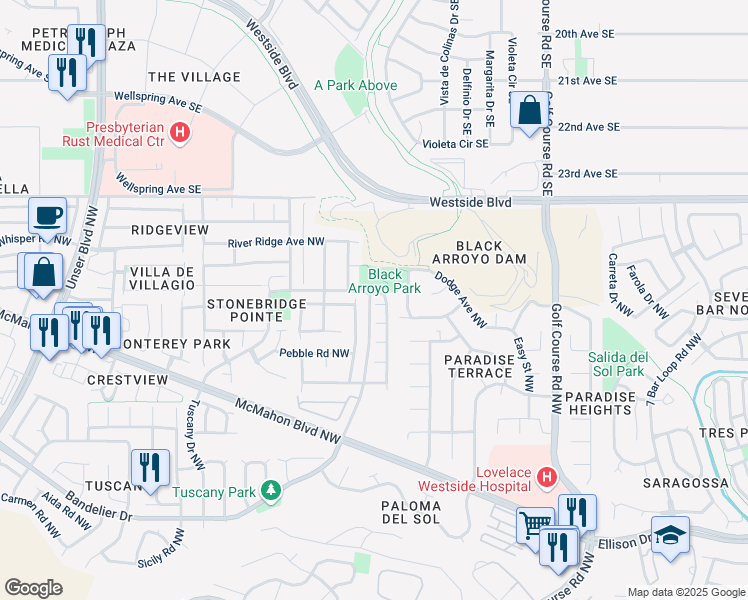 map of restaurants, bars, coffee shops, grocery stores, and more near 5008 Blue Stone Road Northwest in Albuquerque