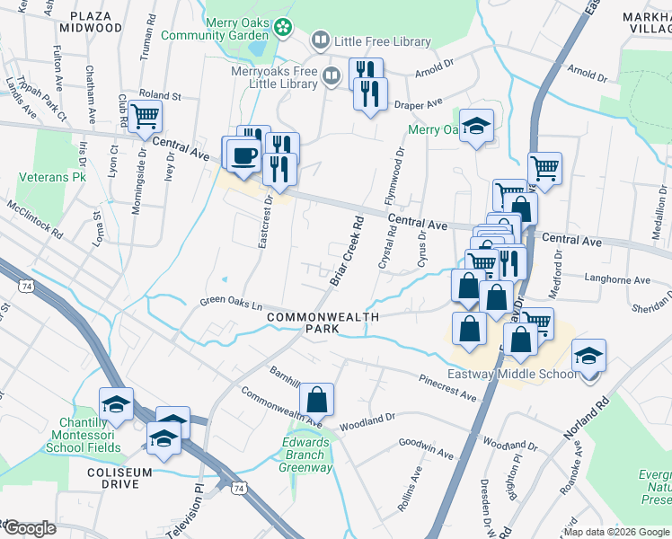 map of restaurants, bars, coffee shops, grocery stores, and more near 1445 Briar Creek Road in Charlotte