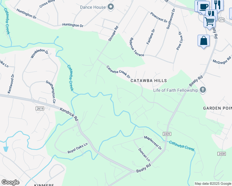 map of restaurants, bars, coffee shops, grocery stores, and more near 4017 Cascade Drive in Gastonia