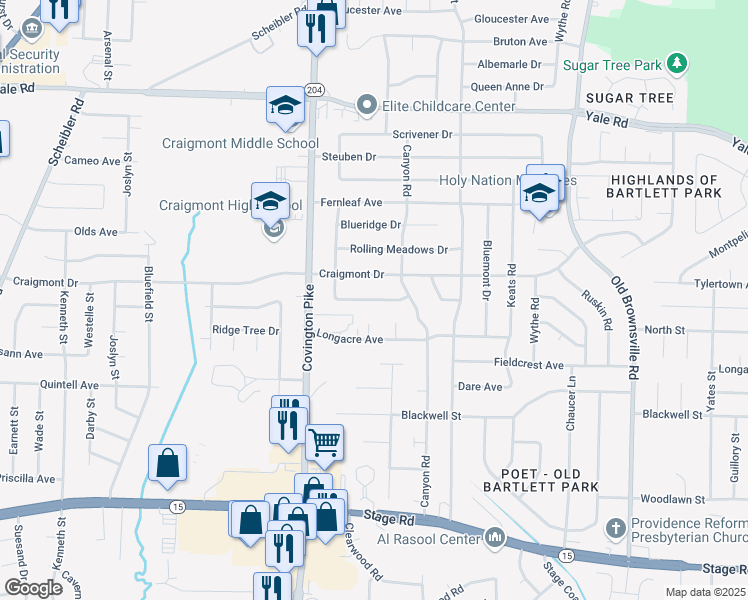 map of restaurants, bars, coffee shops, grocery stores, and more near 5144 Rolling Fields Drive in Memphis