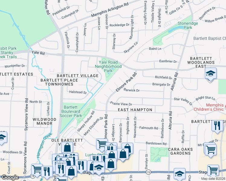 map of restaurants, bars, coffee shops, grocery stores, and more near 3225 Elmore Park Road in Bartlett