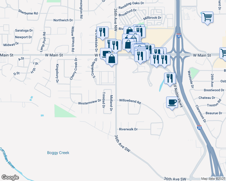 map of restaurants, bars, coffee shops, grocery stores, and more near 405 Midland Drive in Norman