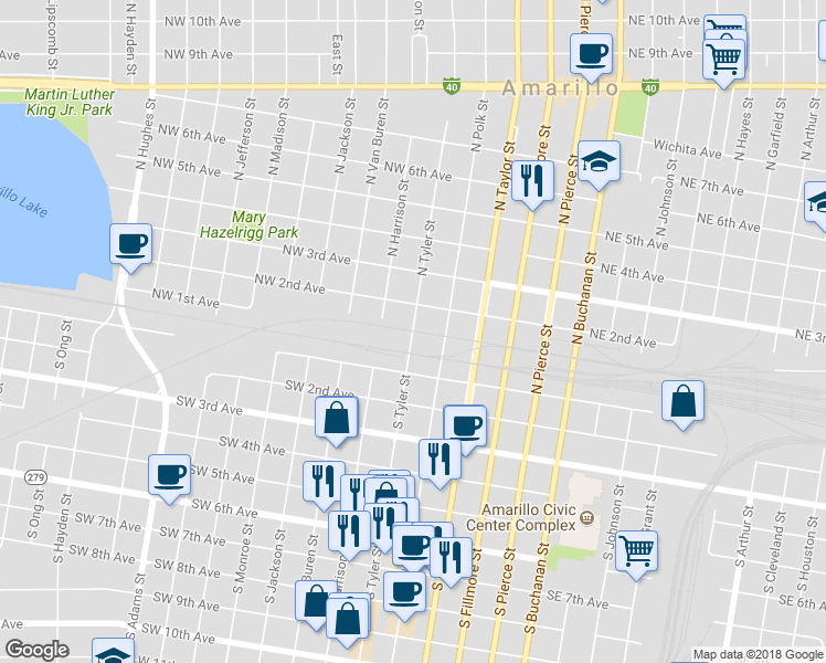 map of restaurants, bars, coffee shops, grocery stores, and more near 100 North Tyler Street in Amarillo