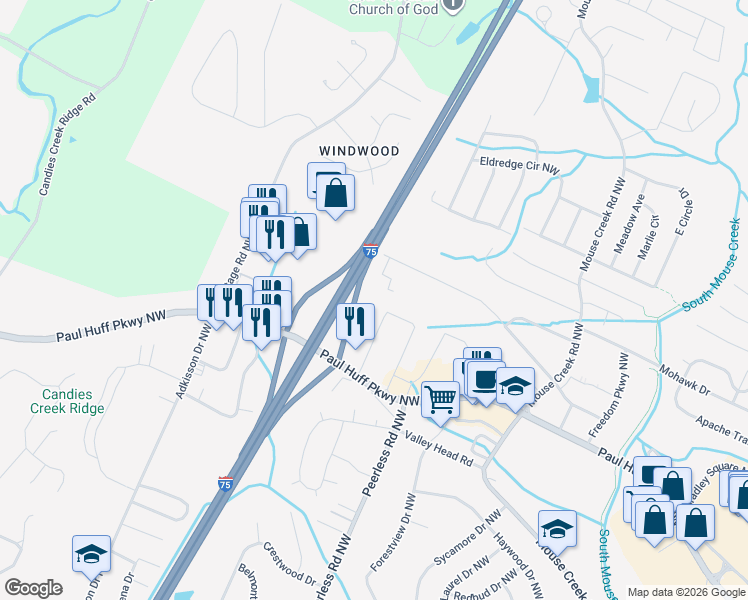 map of restaurants, bars, coffee shops, grocery stores, and more near 4371 Ellis Circle Northwest in Cleveland