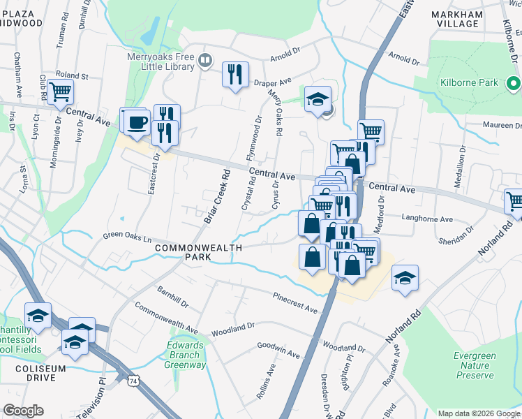 map of restaurants, bars, coffee shops, grocery stores, and more near 1421 Cyrus Drive in Charlotte