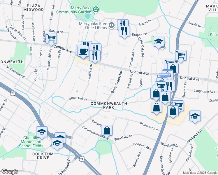 map of restaurants, bars, coffee shops, grocery stores, and more near 1445 Briar Creek Road in Charlotte