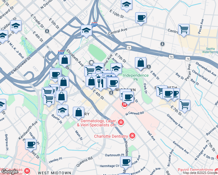 map of restaurants, bars, coffee shops, grocery stores, and more near in Charlotte