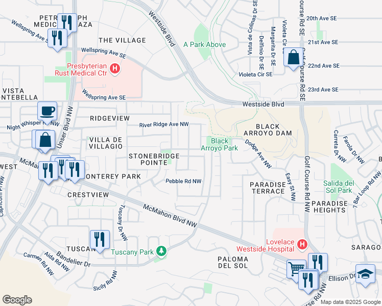 map of restaurants, bars, coffee shops, grocery stores, and more near 5112 Rose Quartz Avenue Northwest in Albuquerque