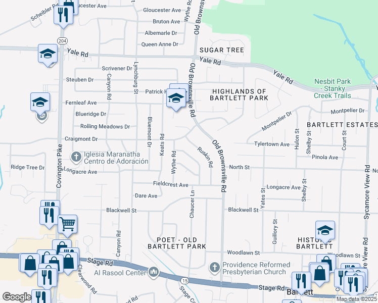 map of restaurants, bars, coffee shops, grocery stores, and more near 3238 Drayton Woods Drive in Memphis
