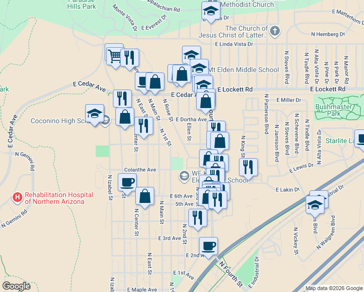 map of restaurants, bars, coffee shops, grocery stores, and more near 2612 North 1st Street in Flagstaff