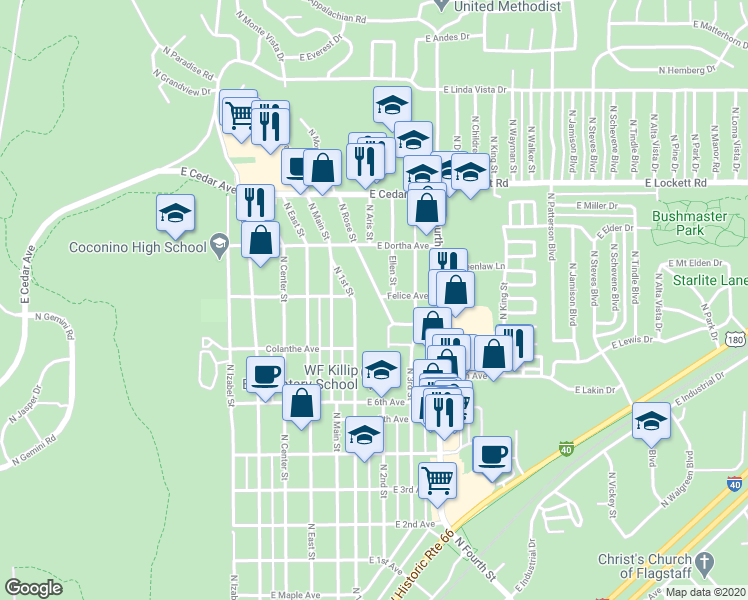 map of restaurants, bars, coffee shops, grocery stores, and more near 2612 North 1st Street in Flagstaff