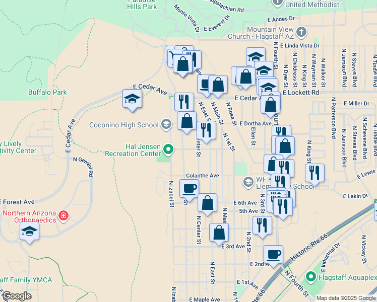 map of restaurants, bars, coffee shops, grocery stores, and more near 2608 North West Street in Flagstaff