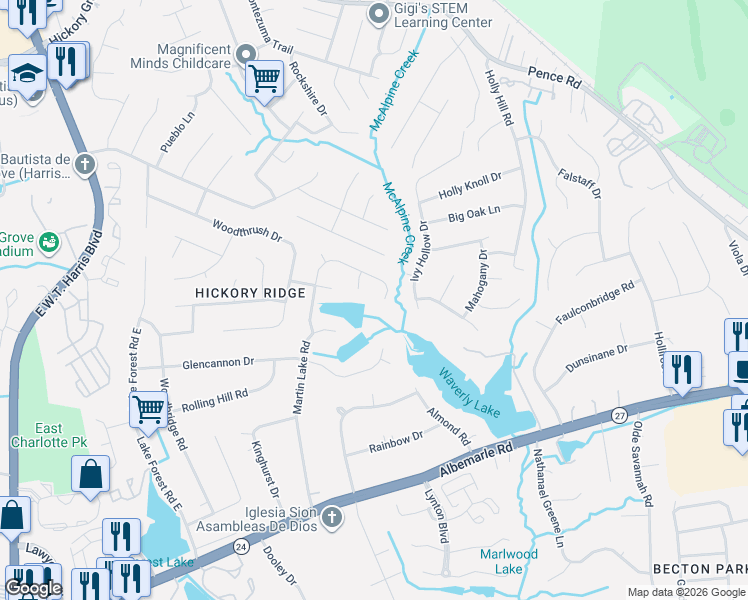 map of restaurants, bars, coffee shops, grocery stores, and more near 7401 Prindle Lake Drive in Charlotte